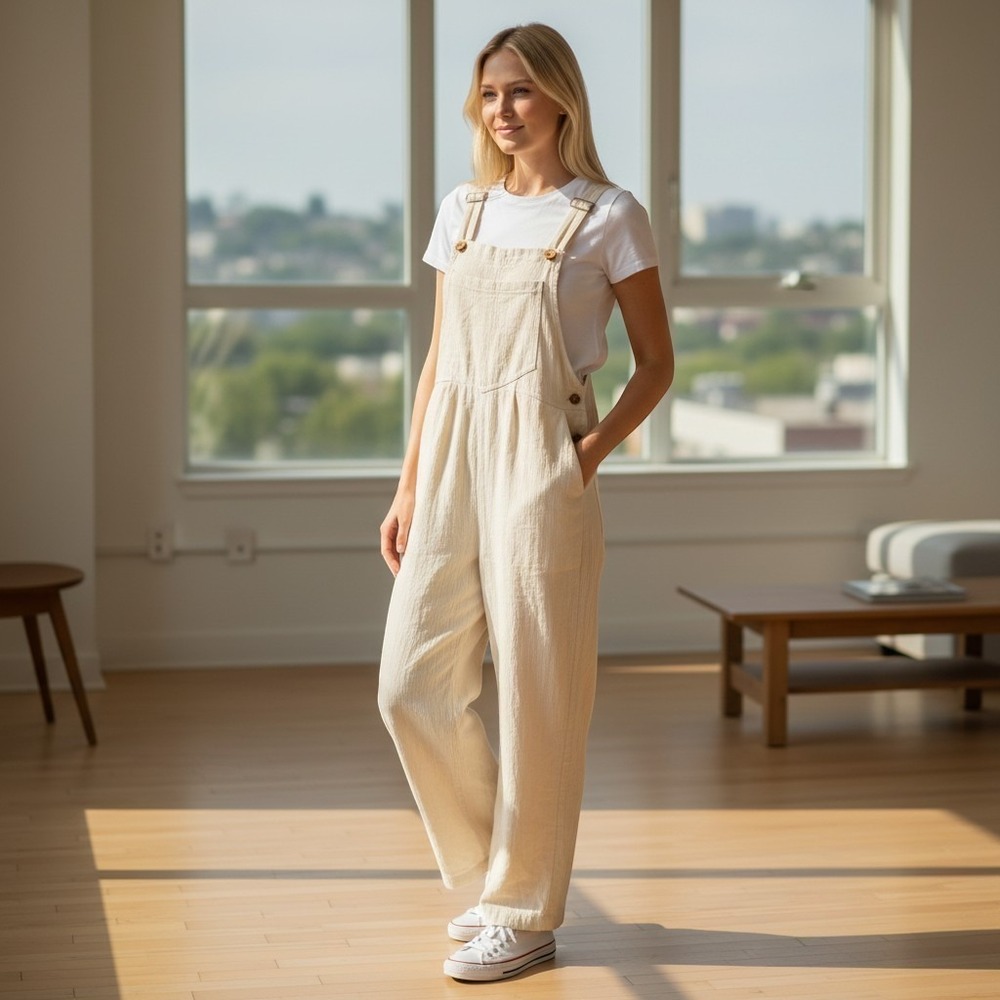 Wide Leg Overalls Jumpsuit Womens Large Cream Comfy Summer Oversized